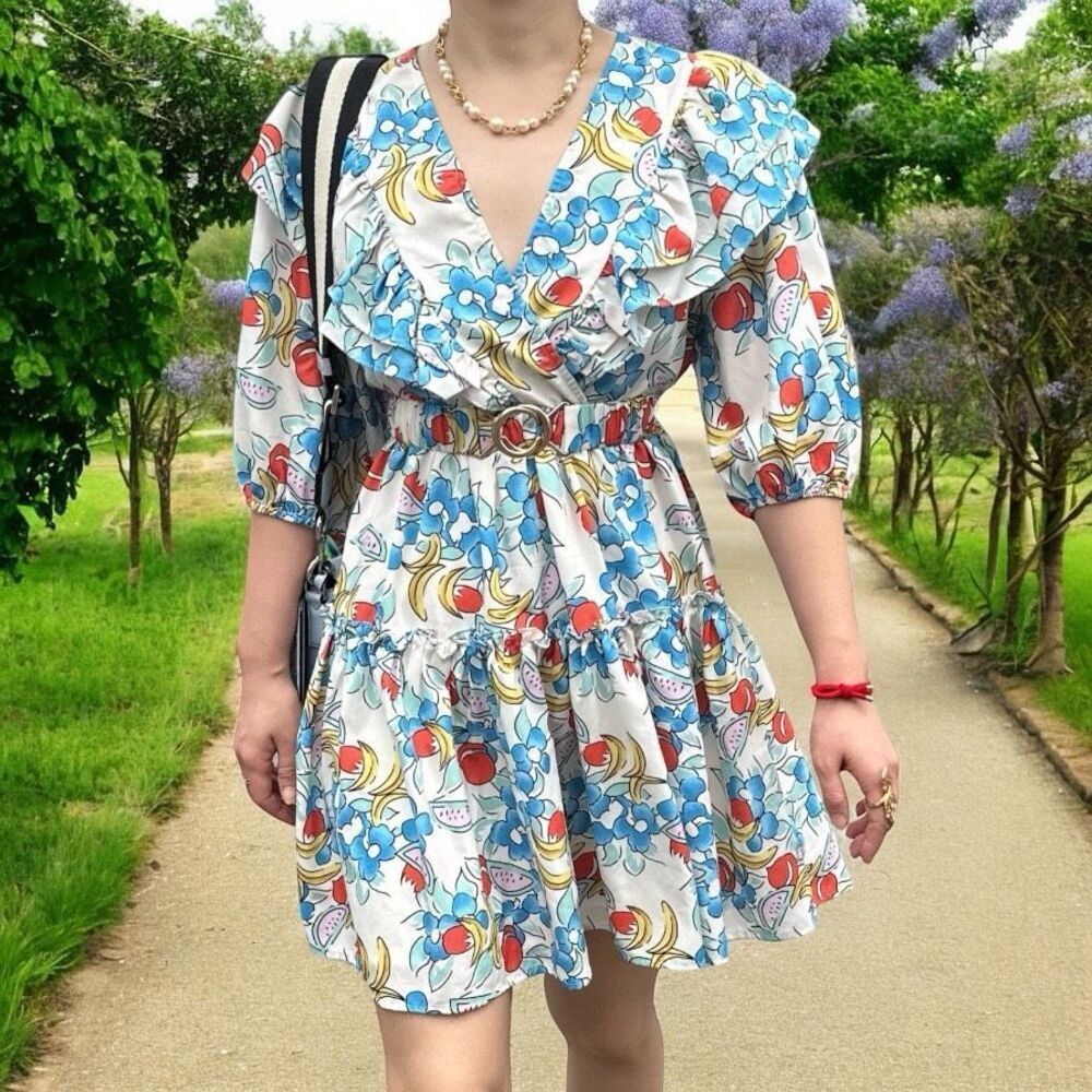 Playful Fruit & Floral Print Ruffle Mini Dress w. Belt Sz S‎
